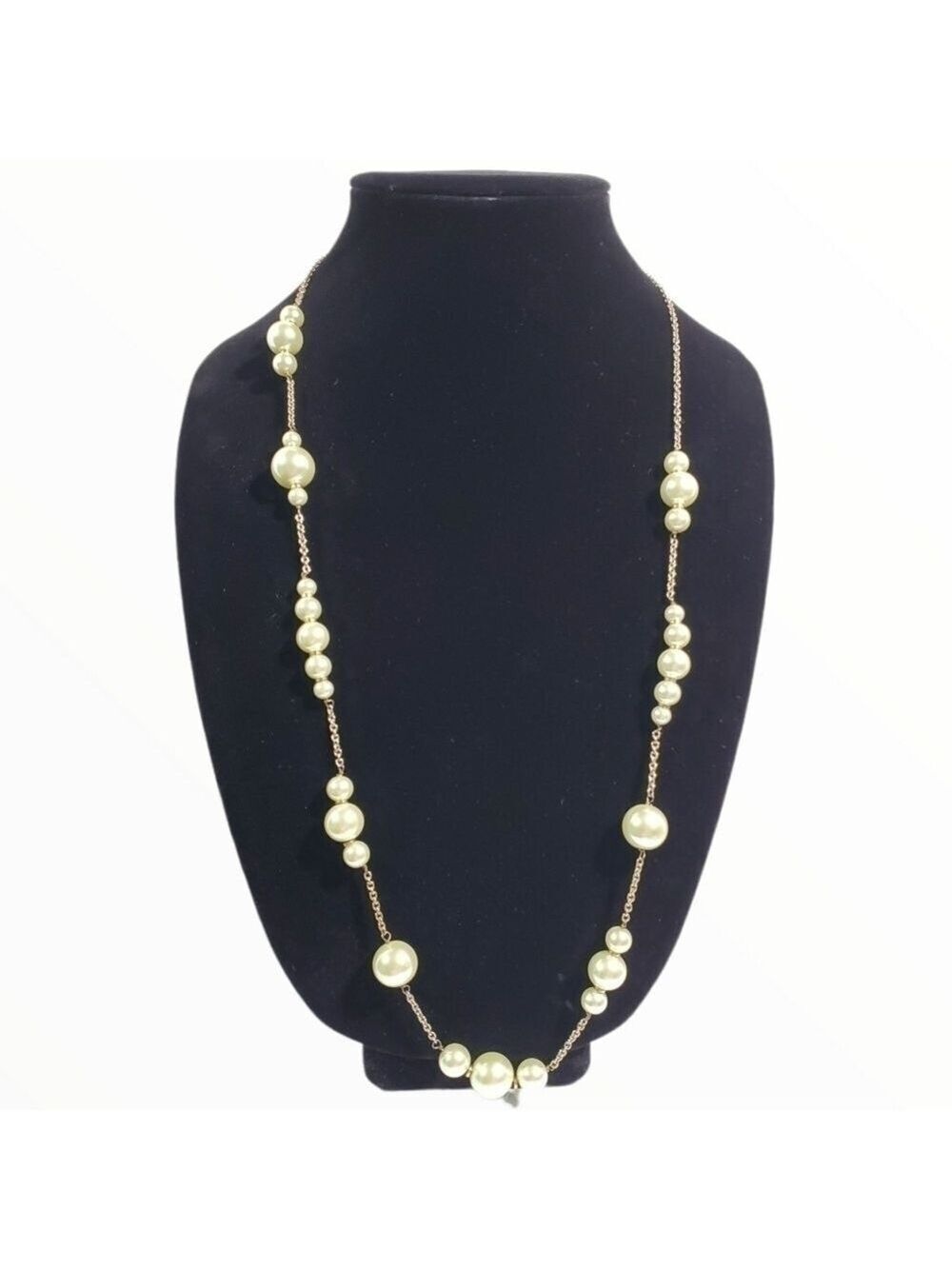 JCREW gold tone faux Pearl long station necklace vintage inspired single chain